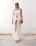 [Miss Selfridge] Miss Selfridge beach lace trim tie front maxi cover up in cream-Black S CREAM