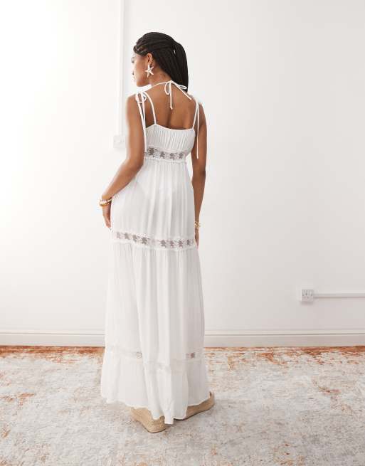 Miss Selfridge beach lace trim tie front maxi cover up in cream, 3 of 4