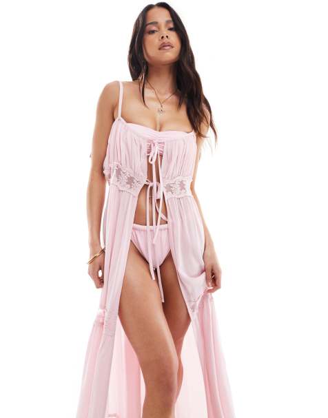Miss Selfridge beach lace trim tie front maxi cover up in soft pink - view 1