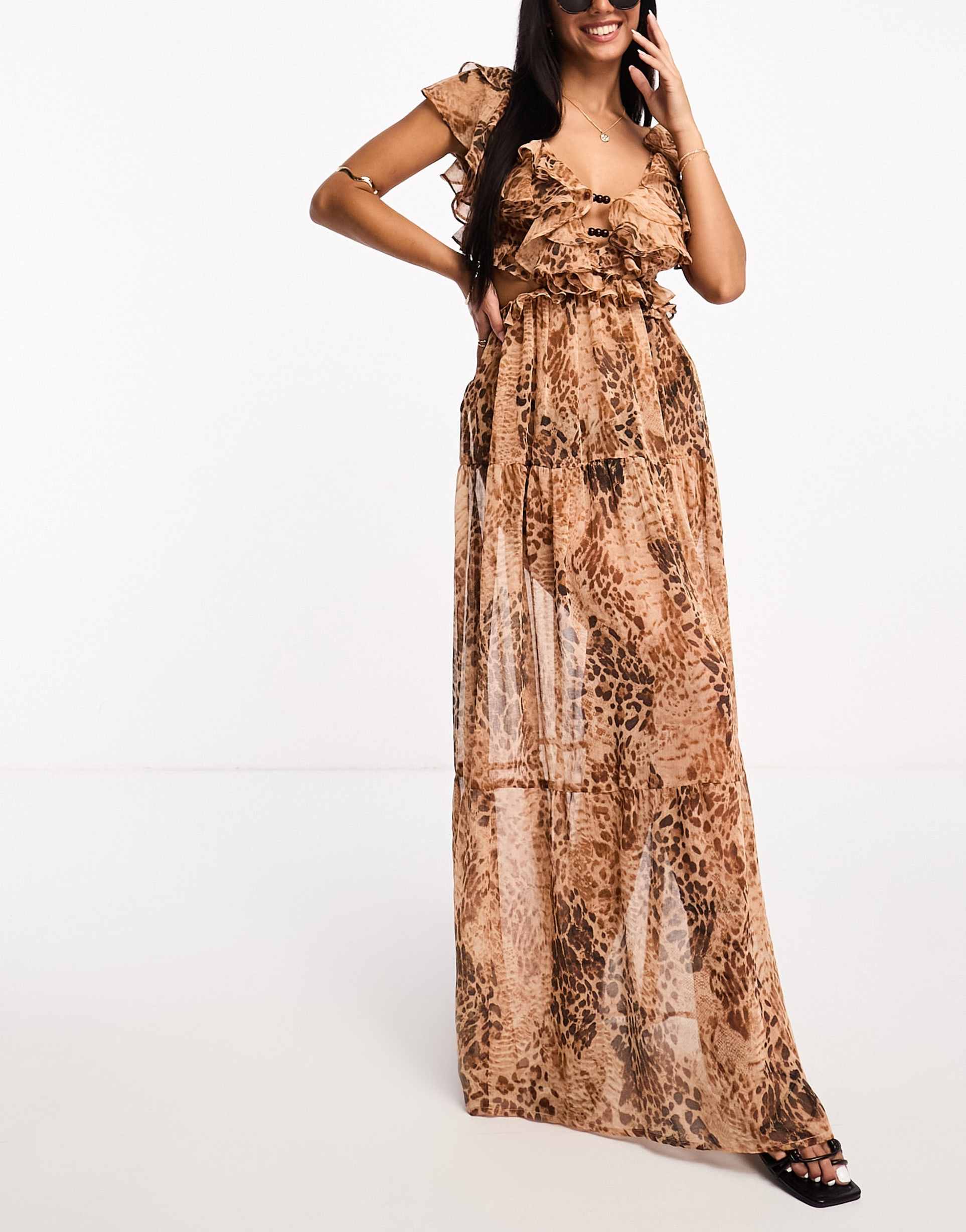 miss selfridge beach leopard frill cut out maxi dress