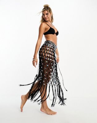 Miss Selfridge beach macrame flower bead detail maxi skirt in black