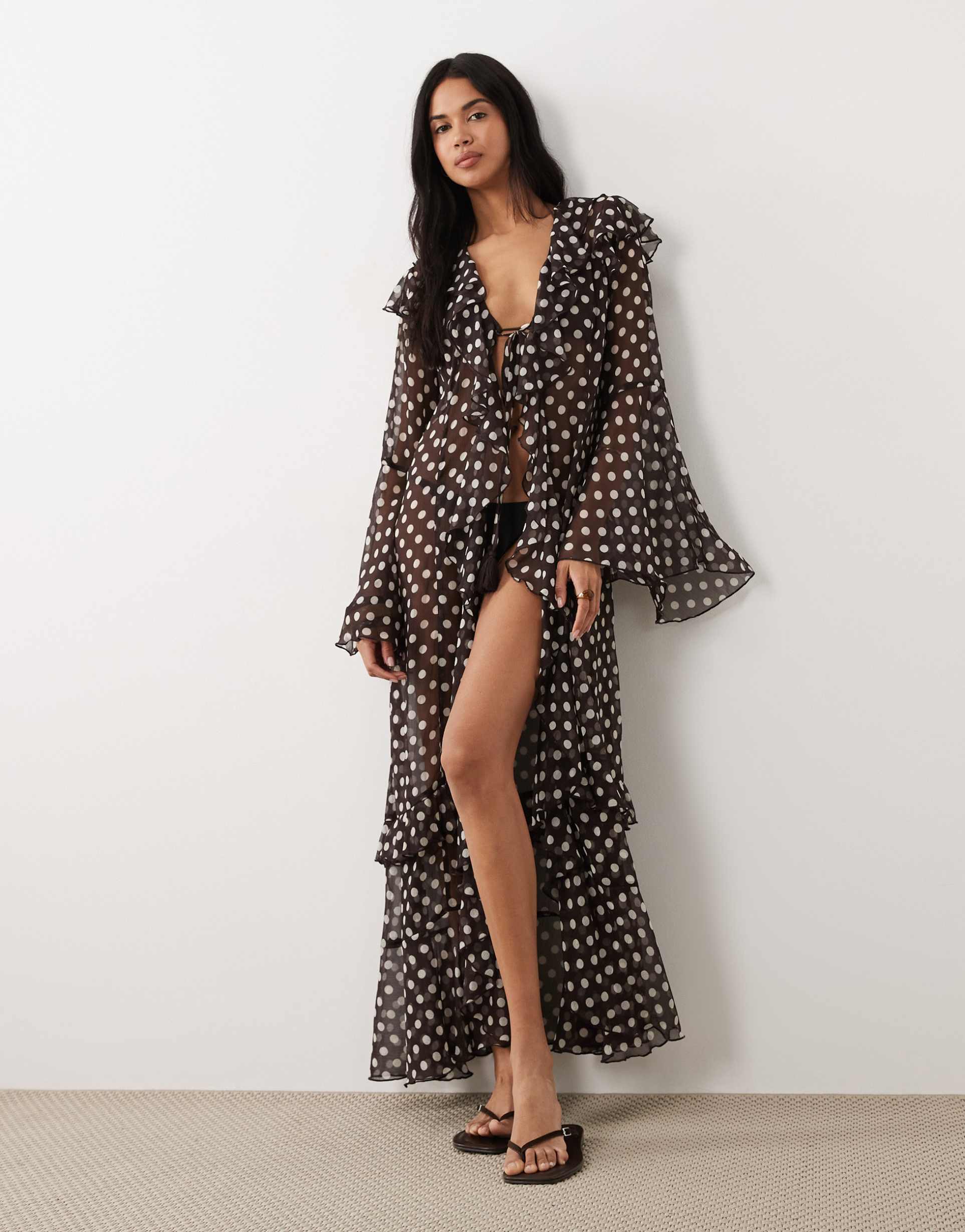 miss selfridge beach maxi cover-up in chocolate polka dot