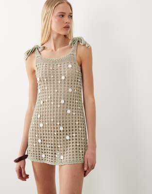 Miss Selfridge beach metallic crochet faux pearl mini dress in sage