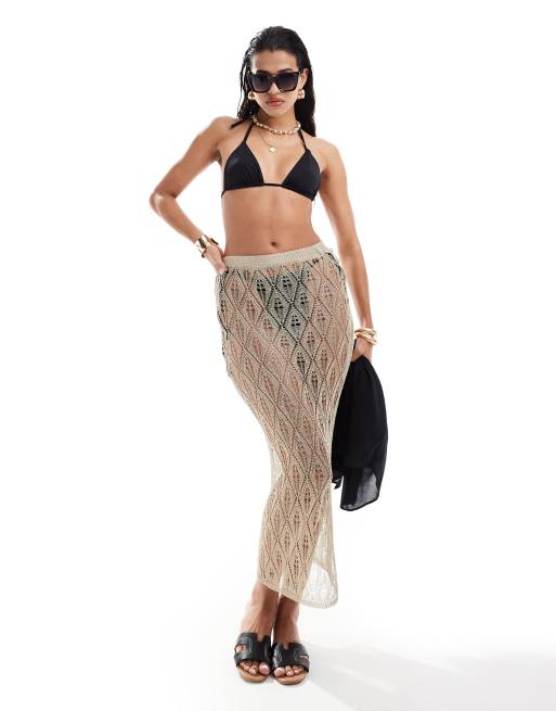 Miss Selfridge beach metallic crochet maxi skirt in gold ASOS