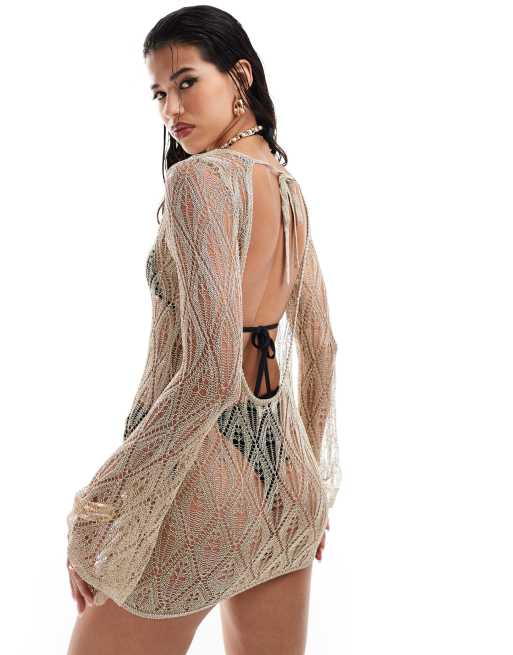 Miss Selfridge beach metallic flare sleeve low back mini dress in gold |  ASOS