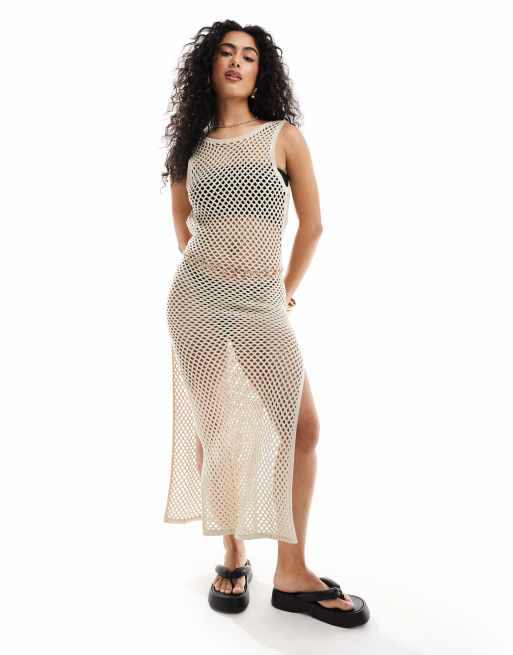 Miss Selfridge beach open crochet low back maxi dress in taupe