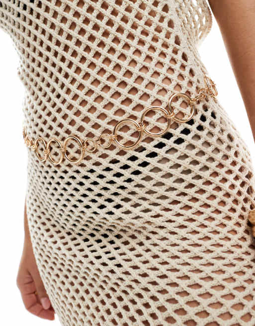 Miss Selfridge beach open crochet low back maxi dress in taupe, 4 of 4