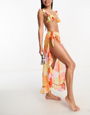 Miss Selfridge Beach Painted Bright Floral Ruffle Maxi Sarong Skirt-multi