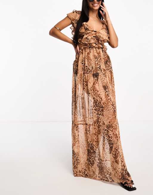 Miss Selfridge beach patchwork leopard frill cut out maxi dress 
