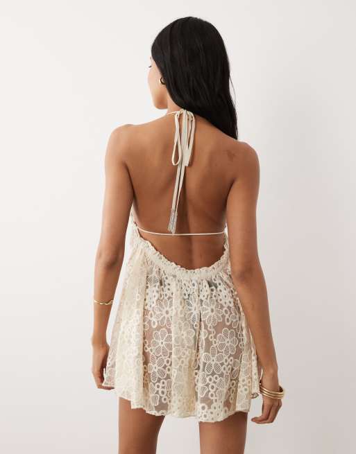 Miss Selfridge beach premium beaded lace tie front mini cover up in cream, 4 of 4