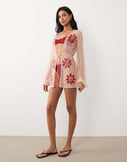 Miss Selfridge beach premium cinched waist beaded mini cover up in pink, 2 of 4