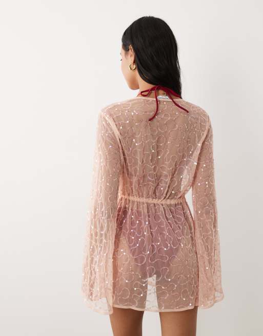 Miss Selfridge beach premium cinched waist beaded mini cover up in pink, 4 of 4