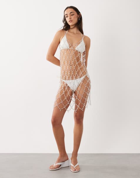 Miss Selfridge beach premium embellished sheer cowl back mini dress - view 1