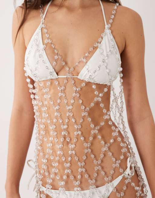 Miss Selfridge beach premium embellished sheer cowl back mini dress, 3 of 4