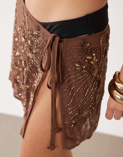 Miss Selfridge beach premium hand beaded tie side mini sarong in chocolate, 3 of 5