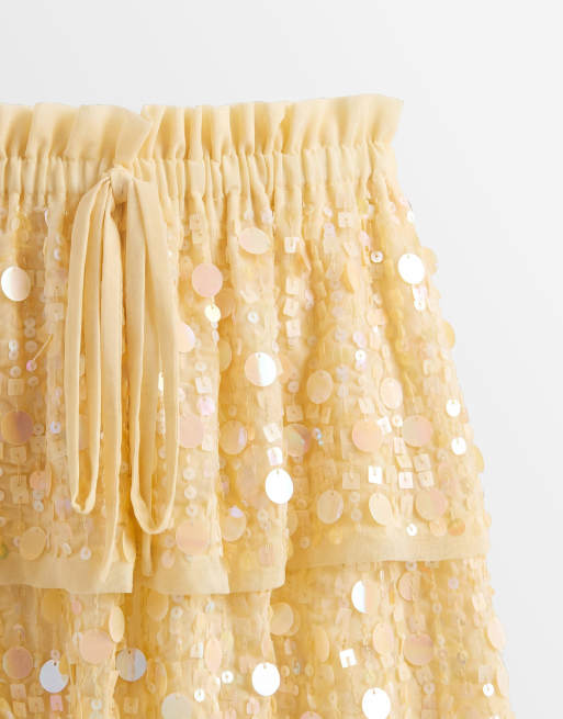 Miss Selfridge beach premium sequin ruffle mini skirt in butter, 8 of 9