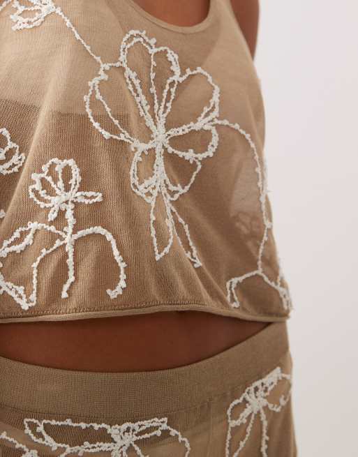Miss Selfridge beach premium sheer knit embroidered crop vest top in mocha, 3 of 4