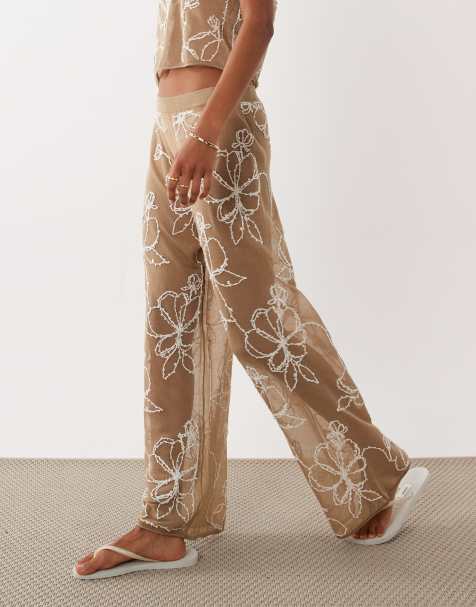 Miss Selfridge beach premium sheer knit embroidered set in mocha - view 1