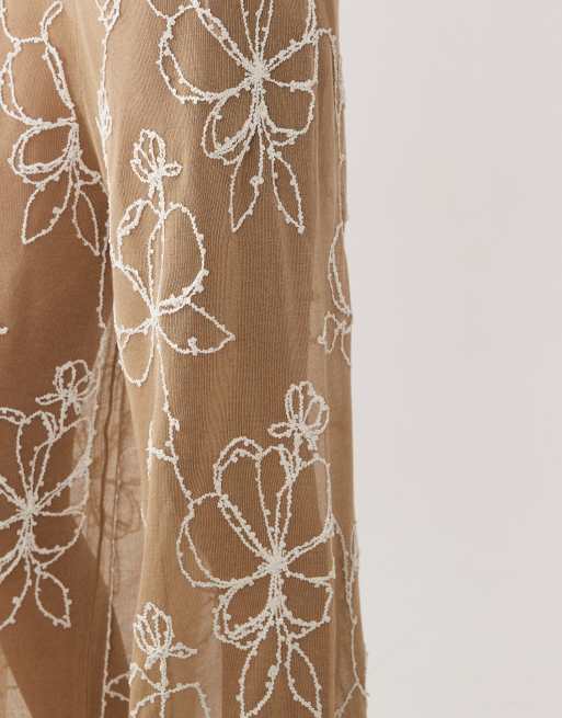 Miss Selfridge beach premium sheer knit embroidered wide leg trouser in mocha, 3 of 5