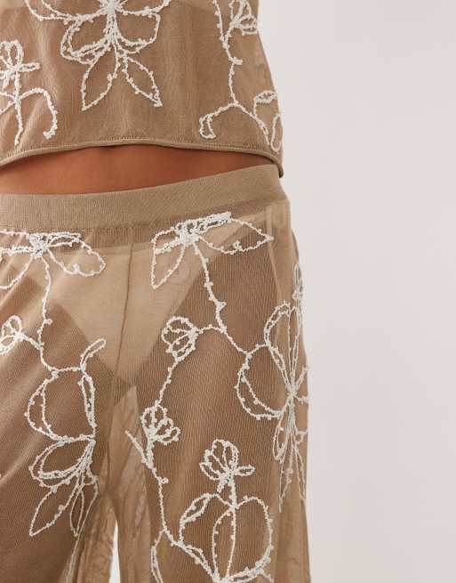 Miss Selfridge beach premium sheer knit embroidered wide leg trouser in mocha, 4 of 5