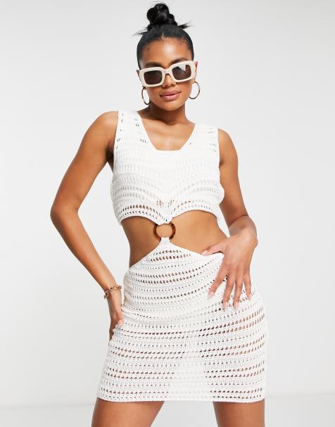 Miss Selfridge beach ring detail crochet mini dress in white - view 1