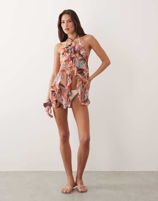 Miss Selfridge beach ring detail halterneck cut about scarf print cover up, 2 of 4