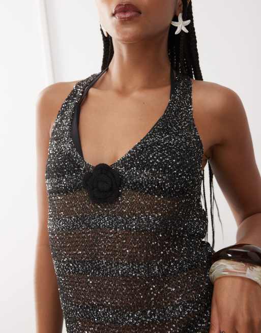 Miss Selfridge beach sequin crochet floral corsage mini dress in black, 2 of 4
