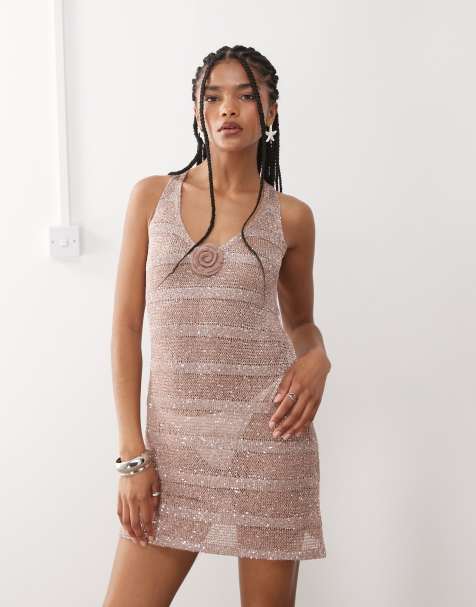 Miss Selfridge beach sequin crochet floral corsage mini dress in dusty pink - view 1