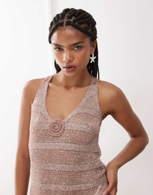 Miss Selfridge beach sequin crochet floral corsage mini dress in dusty pink