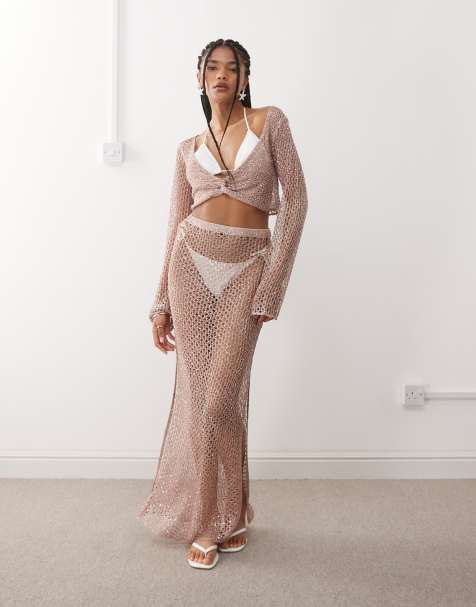 Miss Selfridge beach sequin crochet in dusty pink - view 1