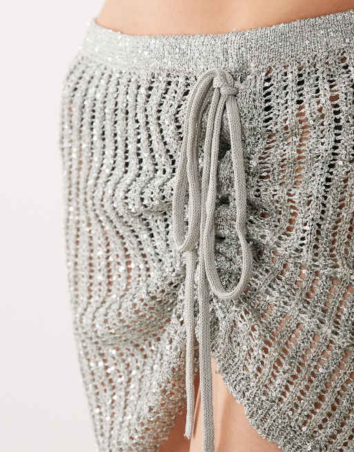 Miss Selfridge beach sequin crochet ruch side sarong mini skirt in sage, 4 of 4