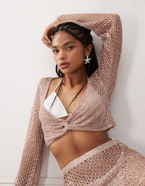 Miss Selfridge beach sequin crochet twist detail long sleeve top in dusty pink - view 1