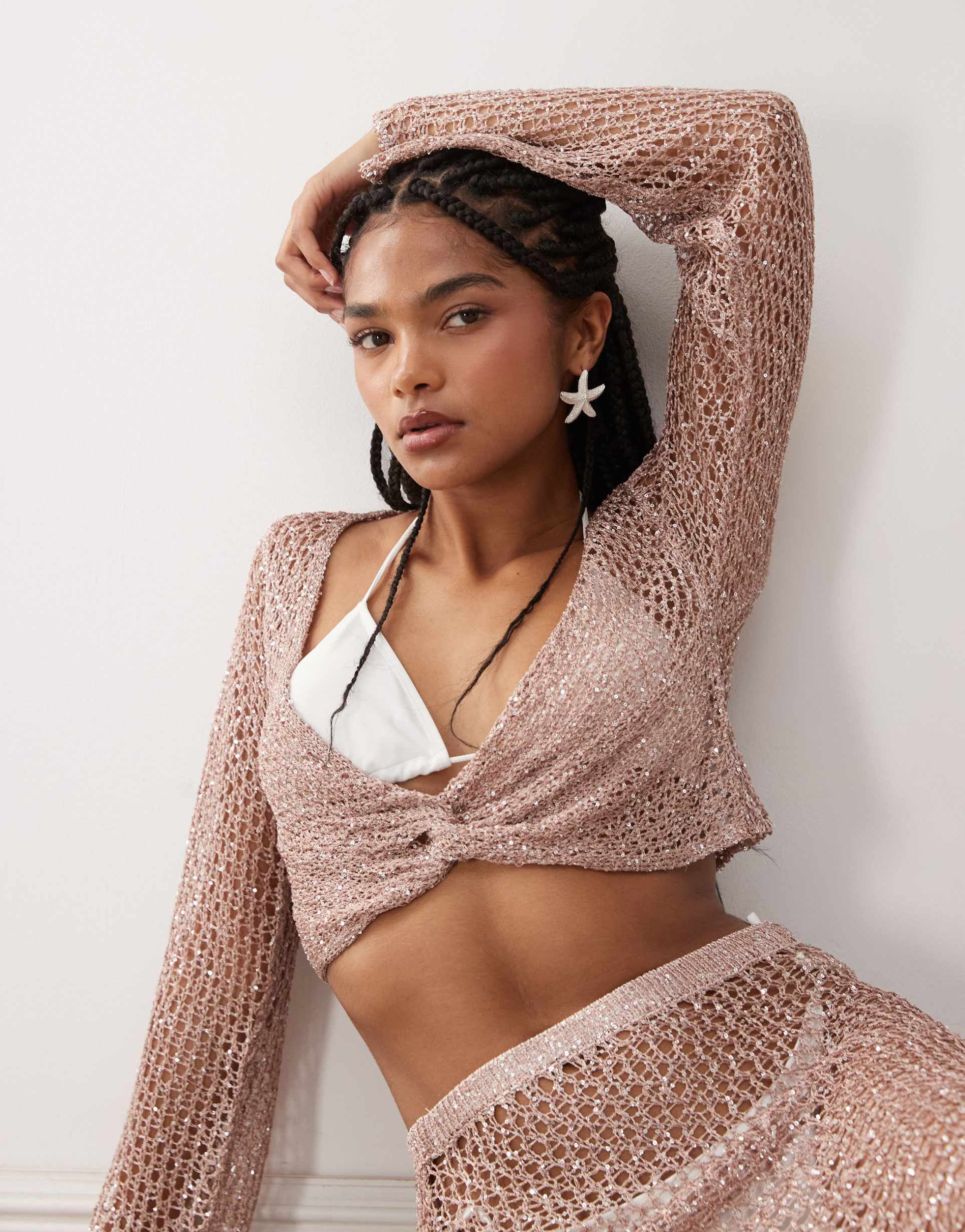 miss selfridge beach sequin crochet twist detail long sleeve top in dusty pink