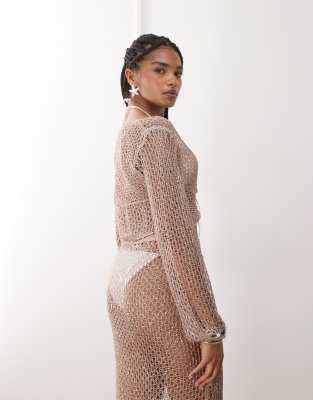 Miss Selfridge Beach Sequin Crochet Twist Detail Long Sleeve Top In Brown