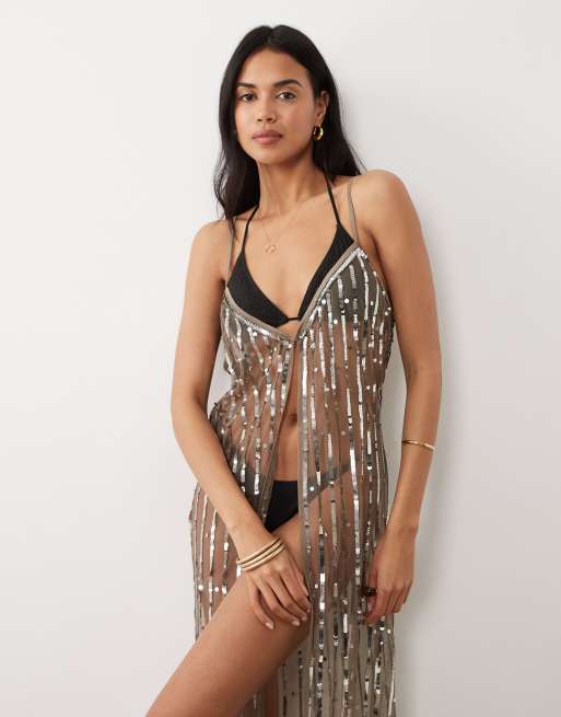 Miss Selfridge beach sequin split front maxi cami dress in taupe, 2 of 4