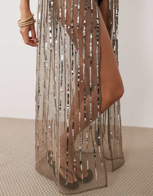 Miss Selfridge beach sequin split front maxi cami dress in taupe, 3 of 4