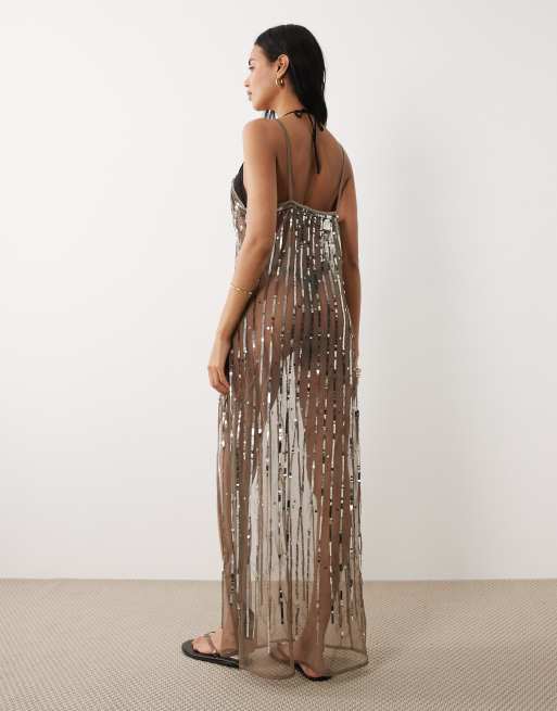 Miss Selfridge beach sequin split front maxi cami dress in taupe, 4 of 4