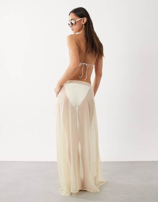 Miss Selfridge beach sheer chiffon frill detail tie sarong in butter, 2 of 5