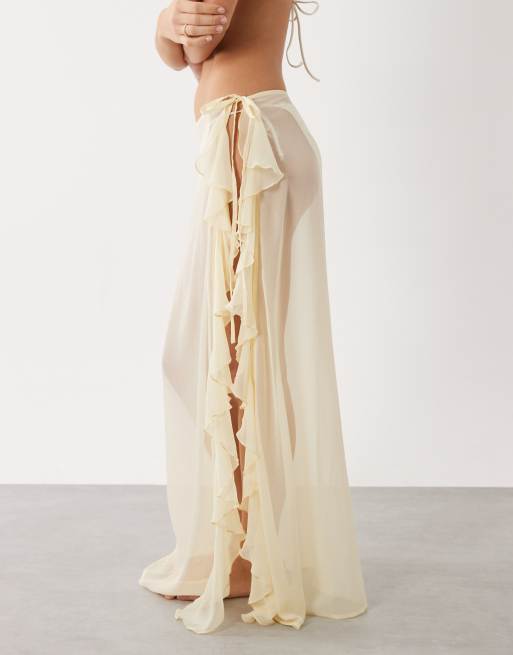 Miss Selfridge beach sheer chiffon frill detail tie sarong in butter, 3 of 5