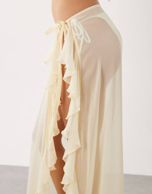 Miss Selfridge beach sheer chiffon frill detail tie sarong in butter, 5 of 5