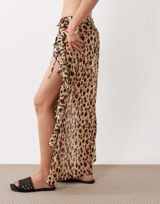Miss Selfridge beach sheer chiffon frill detail tie sarong in leopard print, 2 of 5
