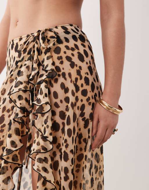 Miss Selfridge beach sheer chiffon frill detail tie sarong in leopard print, 3 of 5