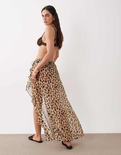 Miss Selfridge beach sheer chiffon frill detail tie sarong in leopard print, 4 of 5