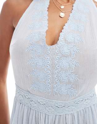 Miss Selfridge Beach Sheer Embroidered Romper In Blue