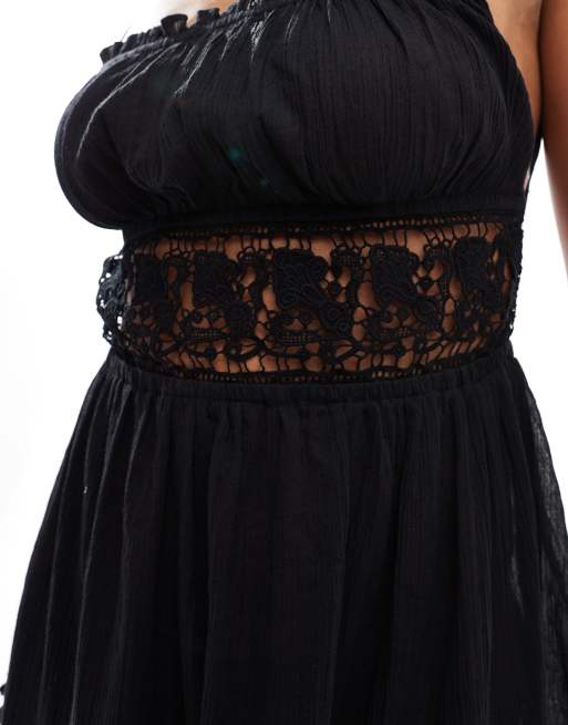 Miss Selfridge beach sheer lace trim mini dress in black, 4 of 4