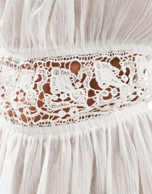 Miss Selfridge beach sheer lace trim mini dress in cream, 2 of 4