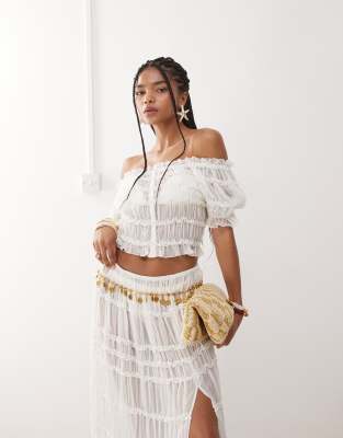 Miss Selfridge Beach Sheer Shirred Bardot Button Top In White