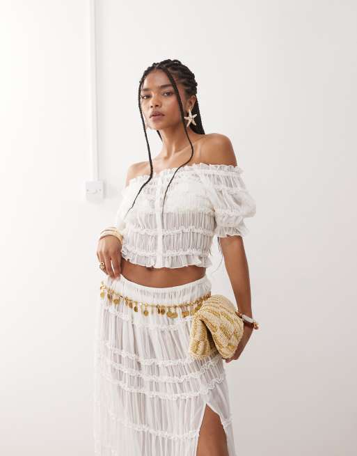 Miss Selfridge beach sheer shirred bardot button top in cream, 2 of 4