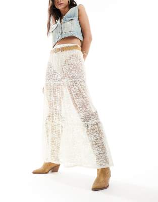 Miss Selfridge beach sheer tiered lace maxi skirt-White