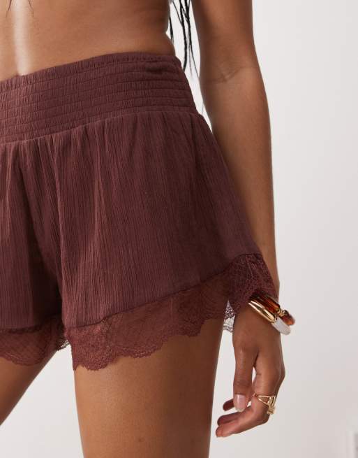 Miss Selfridge beach shorts with lace detail in chocolate, 3 of 5